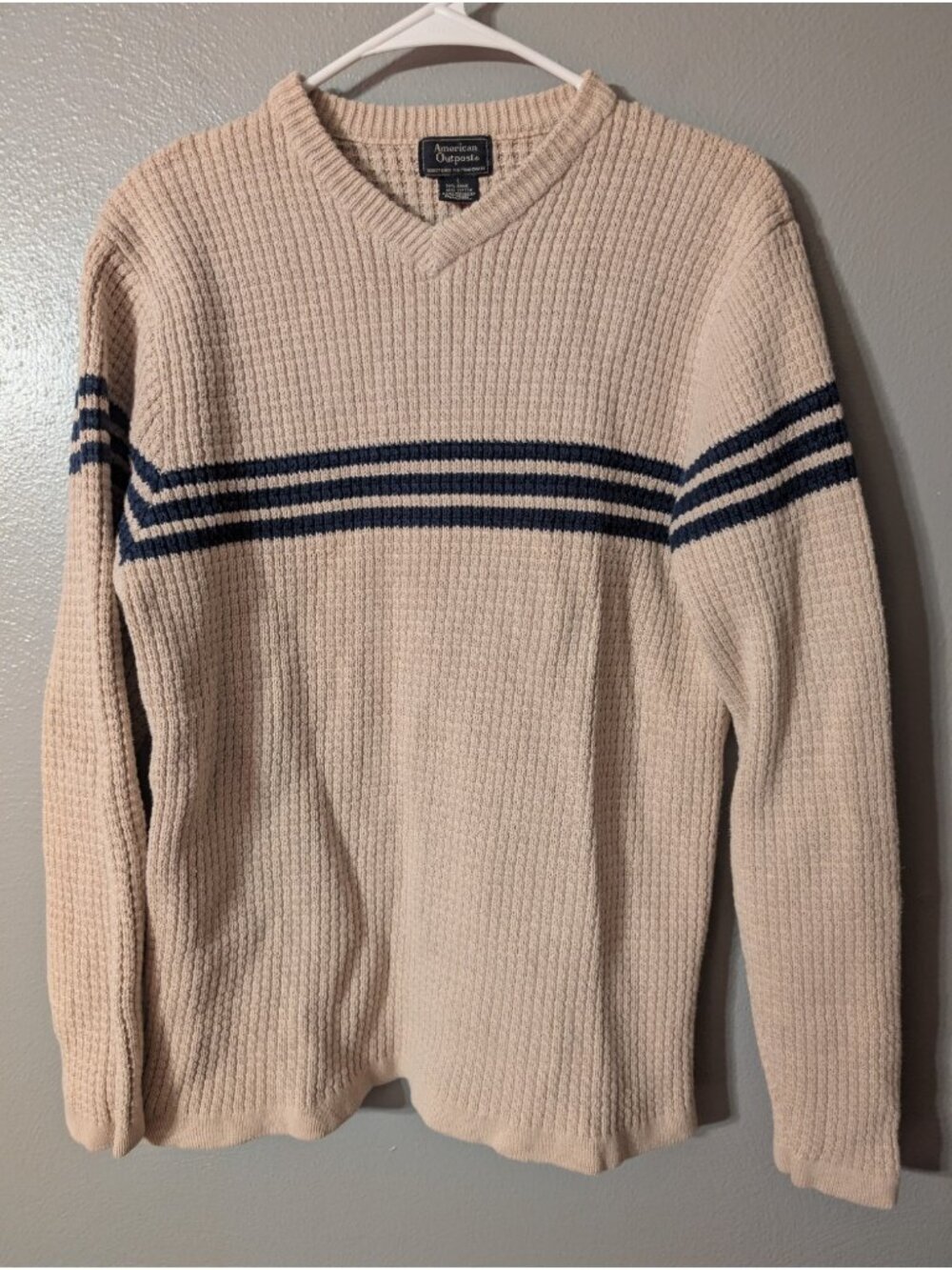 Vintage 90s American Outpost Mens L Beige Blue Striped Heavy Knit Sweater